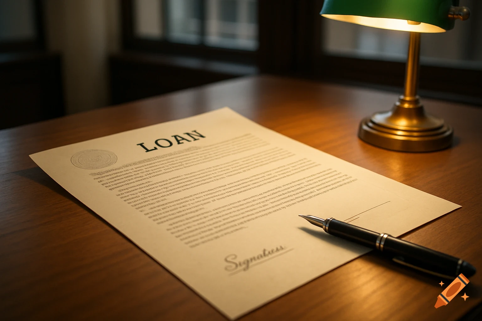 A loan document with illegible body text and "LOAN" at the top, along with a pen and a desk lamp on a wooden desk. Photorealistic style.