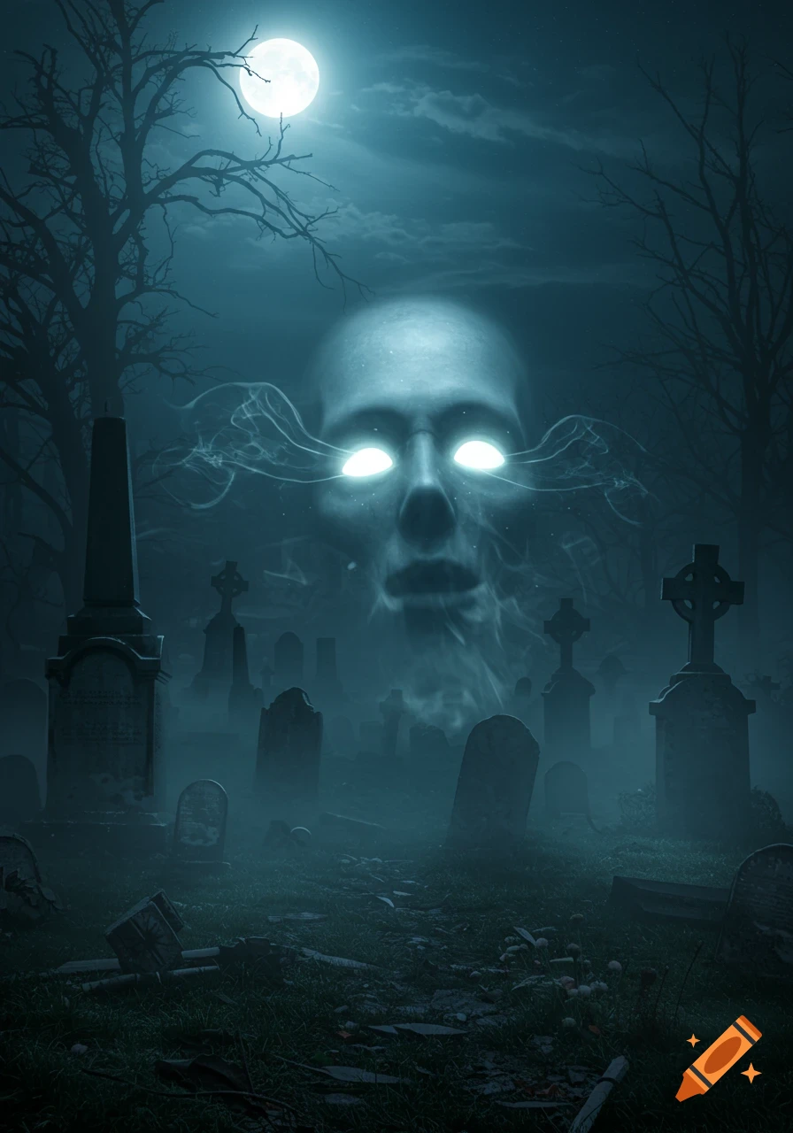 A ghostly white face with glowing eyes hovers above a misty, moonlit graveyard with bare trees and numerous tombstones.