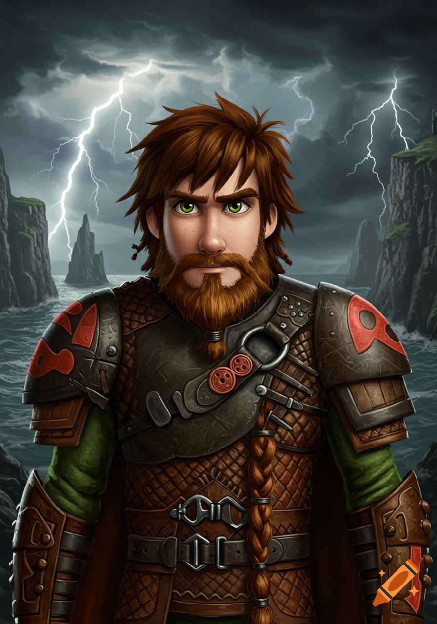 A grown-up Hiccup, with a thick brown beard and green eyes, wears elaborate armor against a stormy sea and lightning-filled sky.