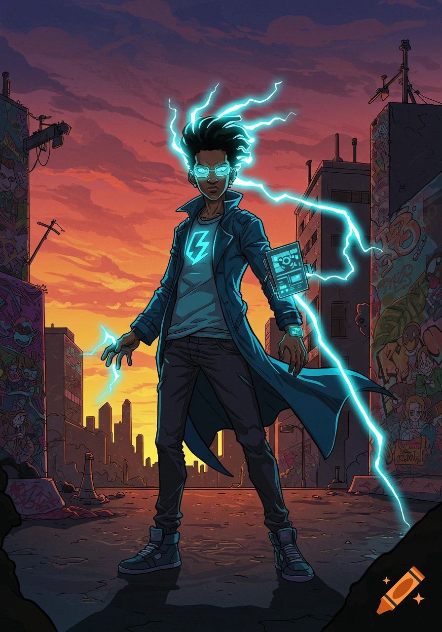 Gumball stands on a glowing platform in a city filled with lava ...