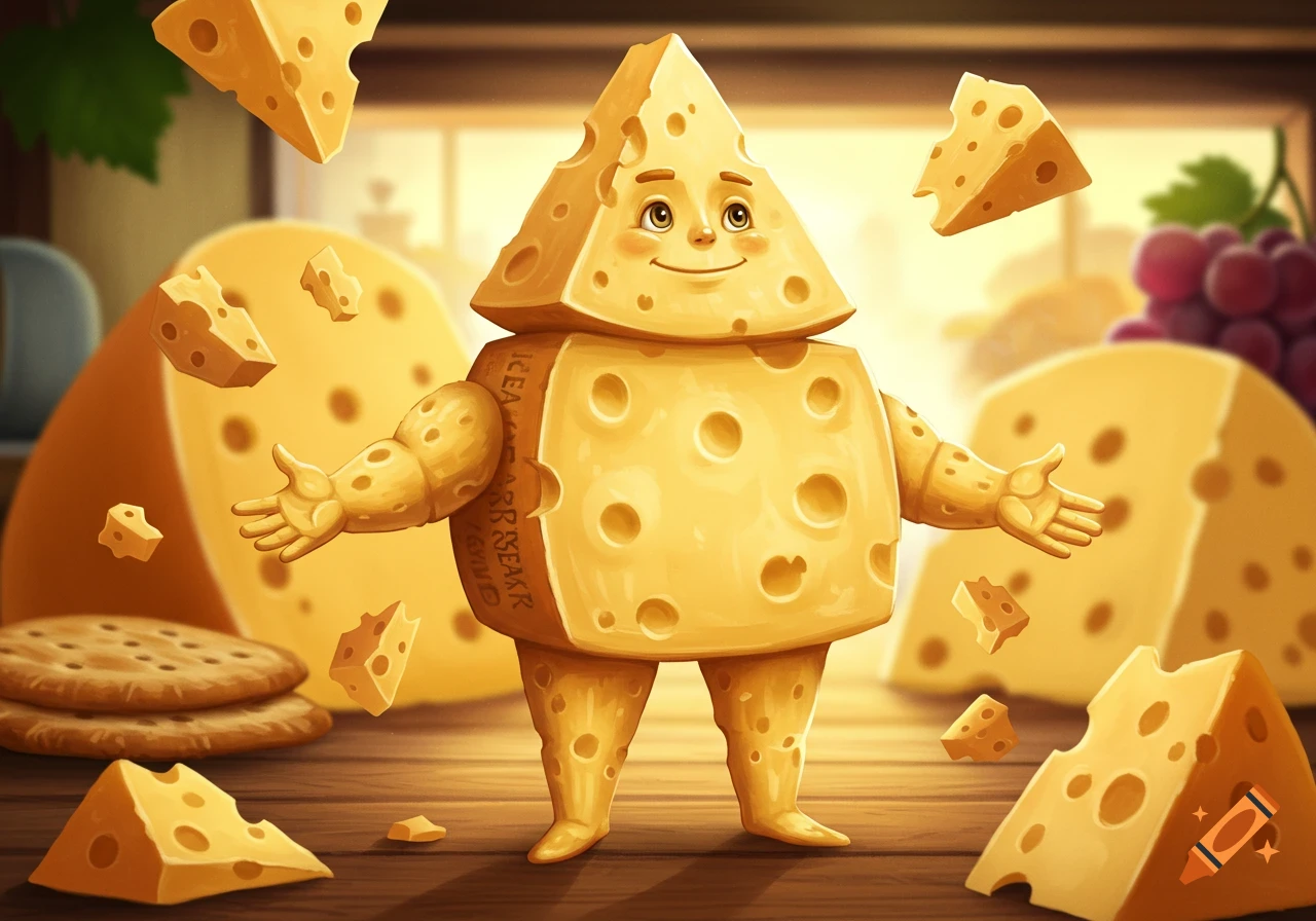 A smiling, anthropomorphic cheese wedge character stands surrounded by cheese, crackers, and grapes in a bright, illustrative style.