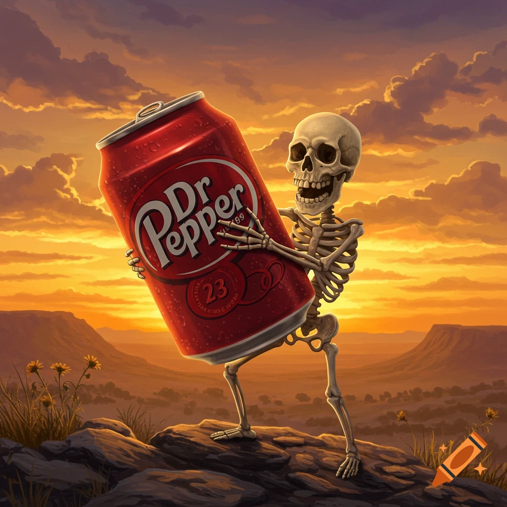 A skeleton gleefully carries a comically large Dr Pepper can against a vibrant sunset over a rocky landscape.