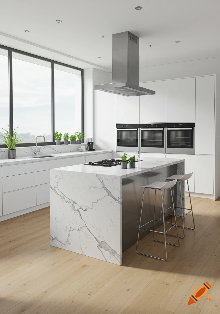 A contemporary modern kitchen with white cabinetry, a large marble island with a stovetop, stainless steel appliances, and a large window.