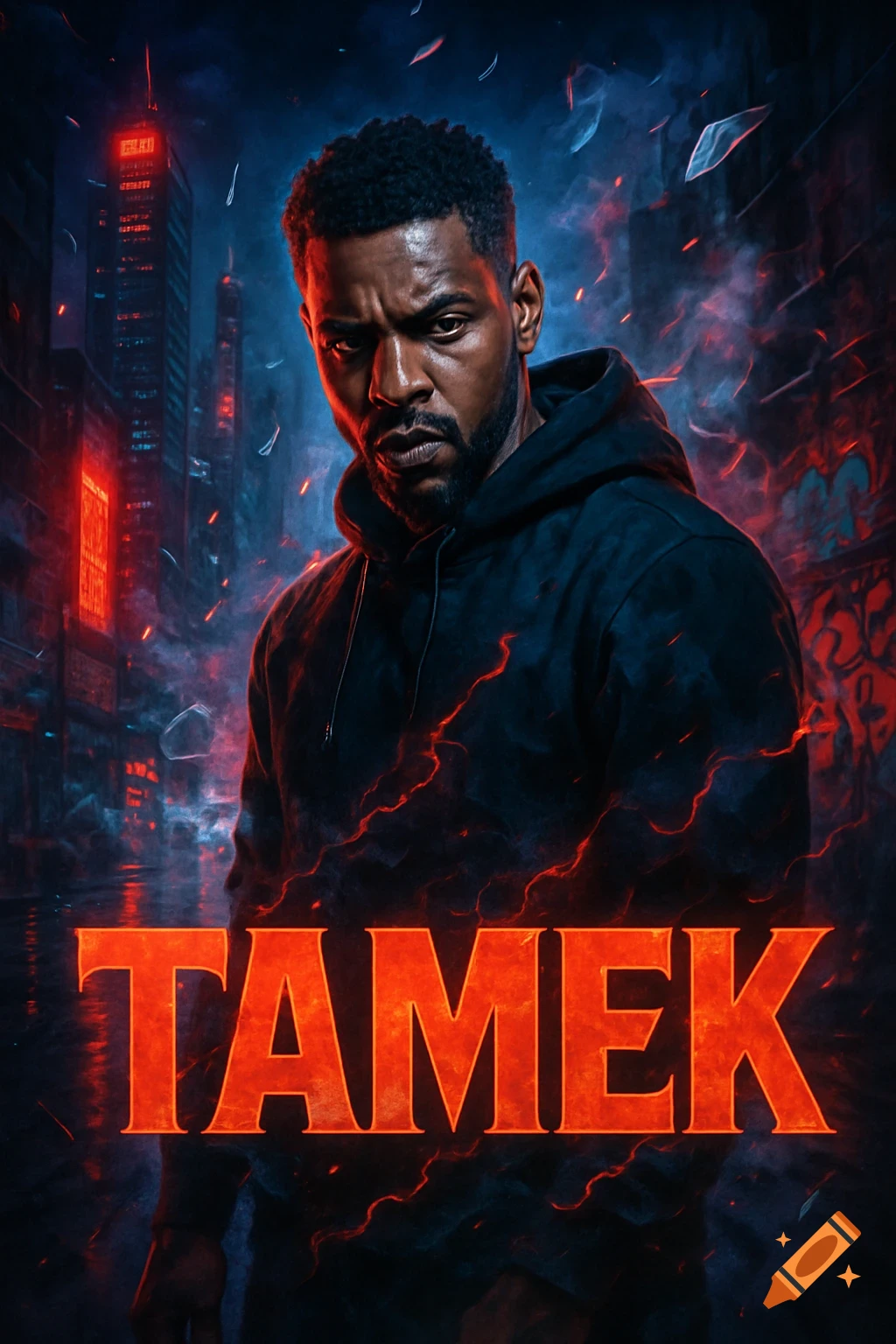 Dramatic portrait of a man in a hoodie with 'TAMEK' text against a dark, neon-lit futuristic city. Cinematic style.