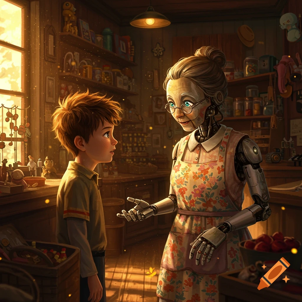 A young boy talks to an elderly robot woman in a cluttered, sunlit workshop or shop filled with various items on shelves.
