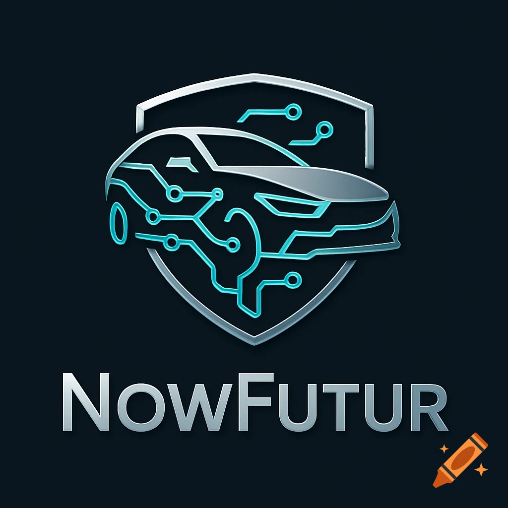 A metallic silver and teal logo featuring a stylized car with circuit board patterns inside a shield, above the text 'NowFutur'.