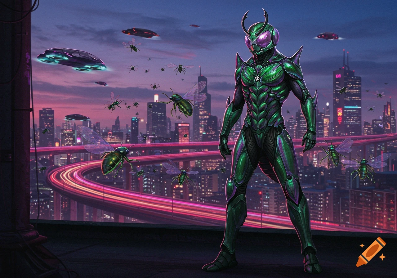 A green armored 'anti bug man' superhero stands on a rooftop overlooking a neon-lit futuristic city with flying insect-like creatures and vehicles at dusk.
