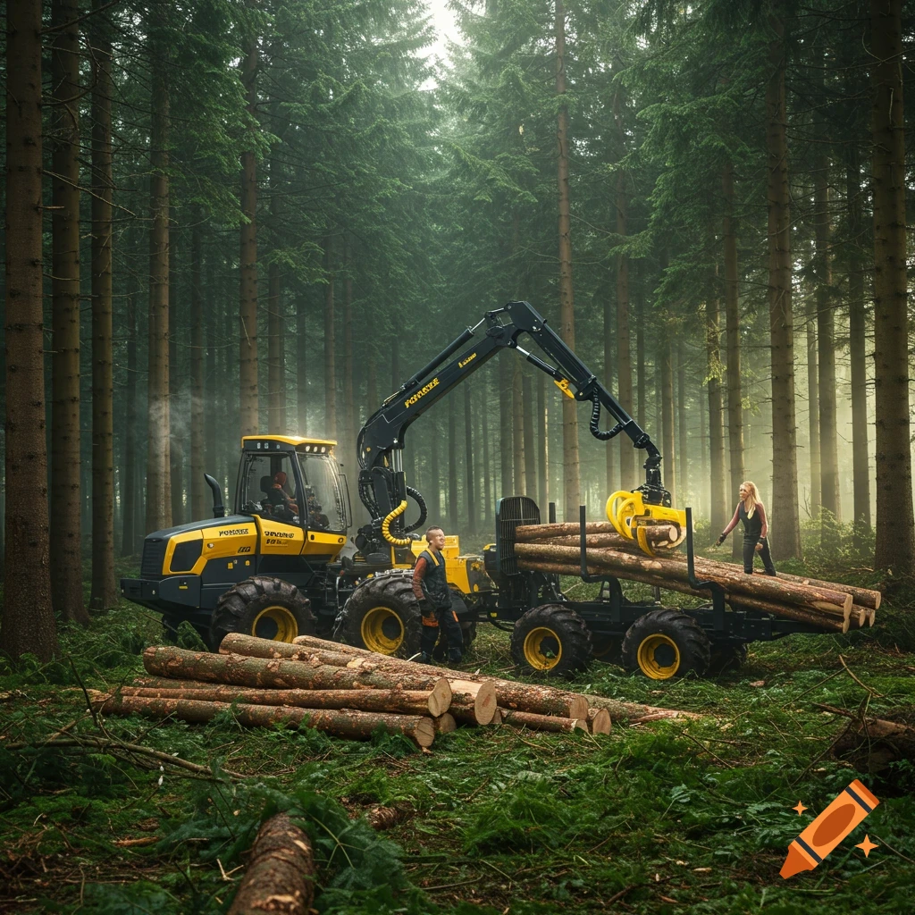 A yellow and black Ponsse logging machine and forwarder in a misty spruce forest. A man and a woman are with the machinery and logs.