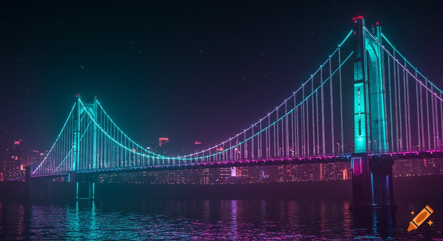 Futuristic suspension bridge at night, glowing teal and pink neon lights reflected in water, cityscape background.