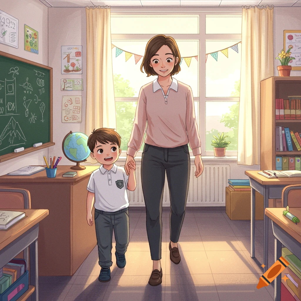A cartoon illustration of a teacher and a young boy holding hands, walking in a bright classroom.