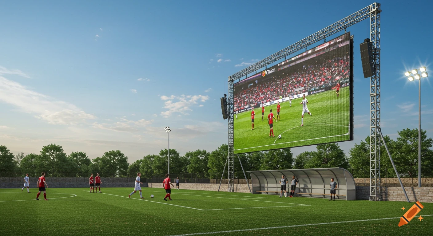 An LED video wall displaying a soccer match stands at an amateur outdoor soccer field with players on the grass, under a blue sky.
