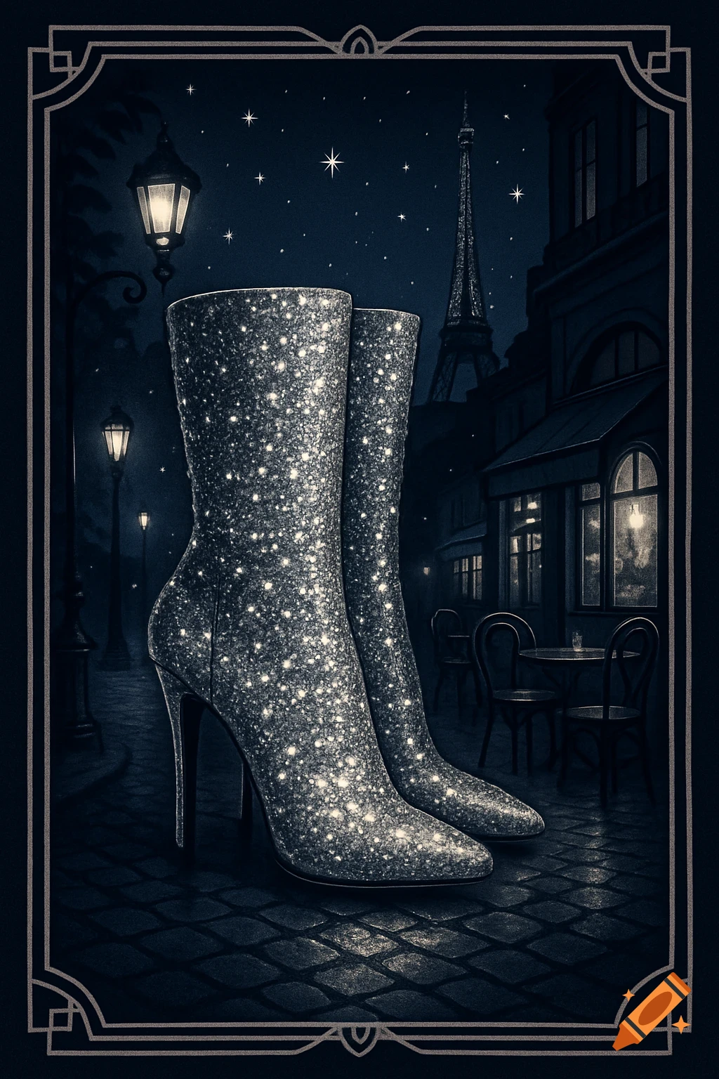 A pair of glittery high-heeled boots on a dark Parisian street at night, with the Eiffel Tower and lampposts, framed by an Art Deco border.