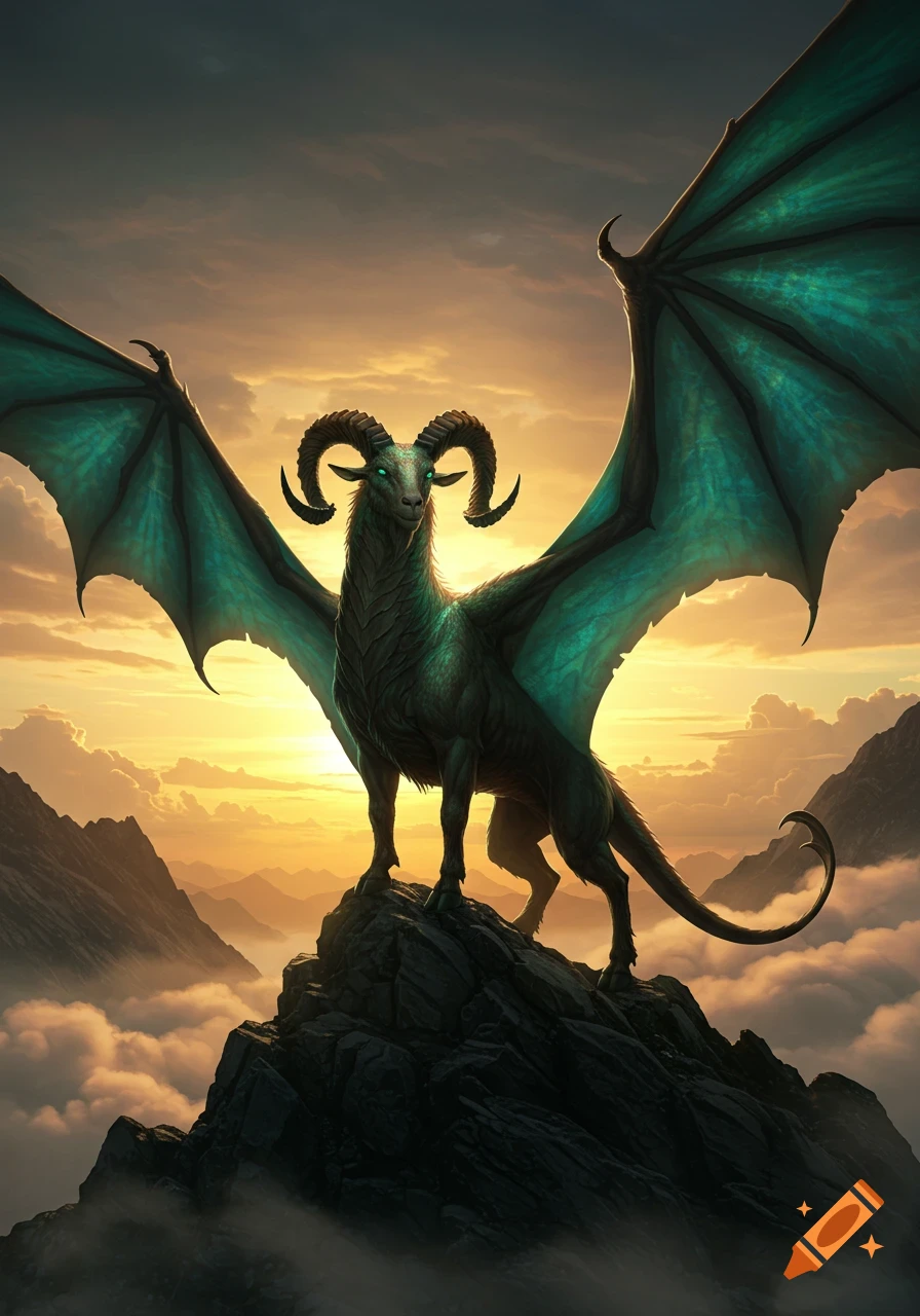 A majestic green goat-dragon with horns and teal wings stands on a rocky mountain peak at sunset over a cloudy range.