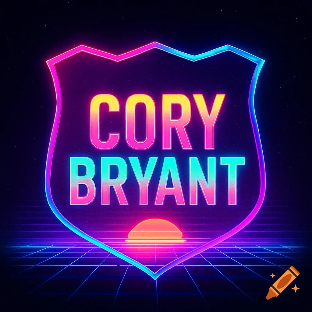 Neon synthwave-style shield logo displaying 'CORY BRYANT' over a grid background with a sunset.