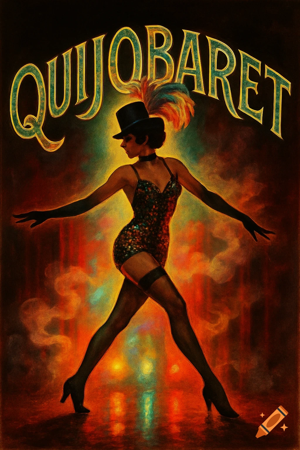 Vintage poster of a cabaret dancer in a sequined outfit, top hat, stockings, and gloves, posing on a stage. Text 'QUIJOBARET' above.