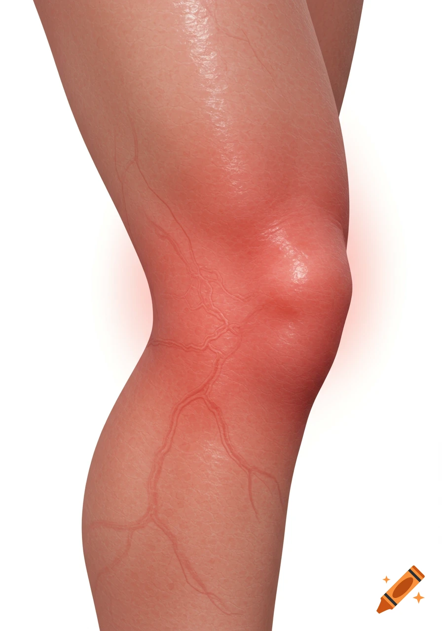 A close-up, photorealistic medical illustration of a human knee showing swelling and visible veins.