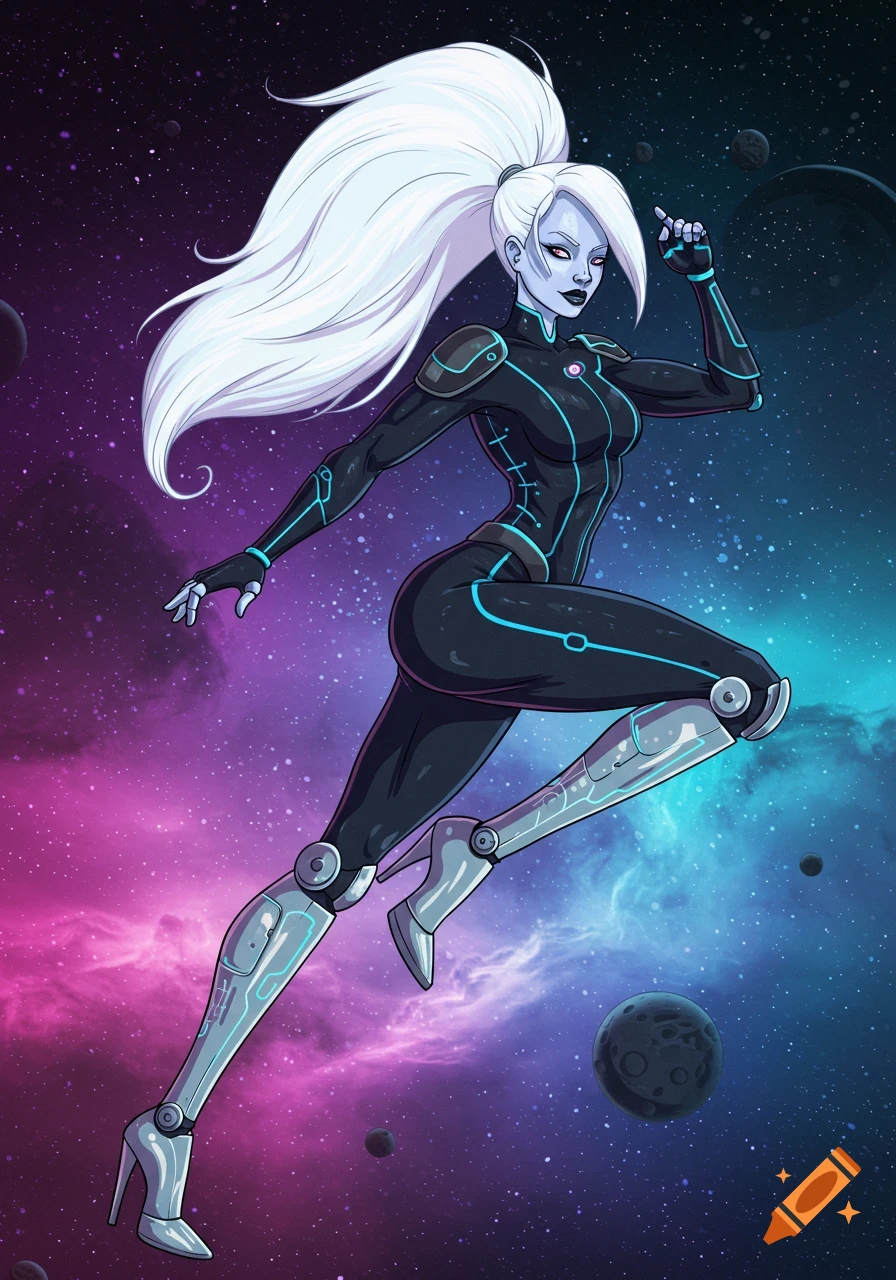 An Adventure Time style sci-fi bounty hunter with white hair, a black jumpsuit, and robotic stiletto legs floats in a starry galaxy.