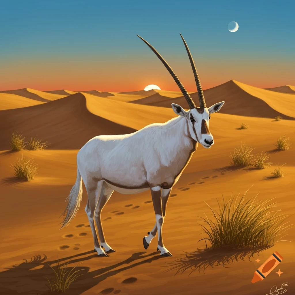 An illustration of a white oryx with long horns standing in a sandy desert at sunset with dunes and a crescent moon.