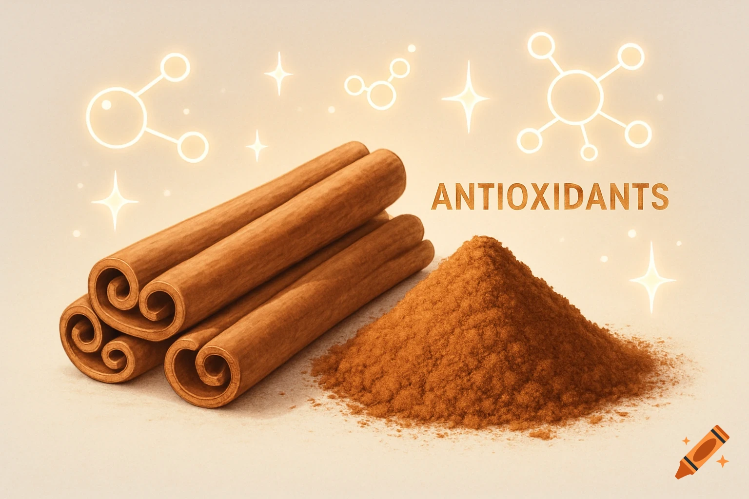 Cinnamon sticks and ground cinnamon next to the word 'ANTIOXIDANTS' and glowing molecular symbols, on a light background.