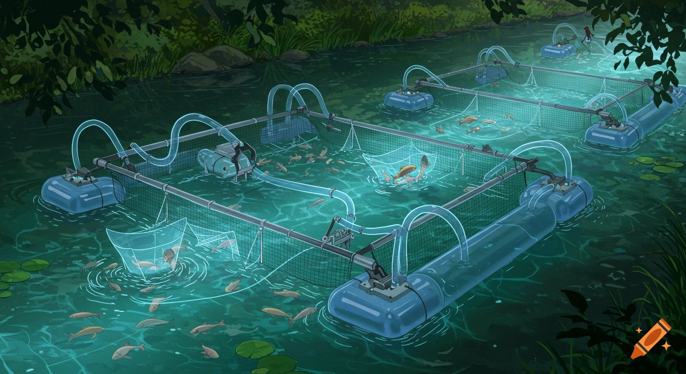 Illustrated smart fish trap system with glowing tubes and nets in a lush green river, guiding fish.
