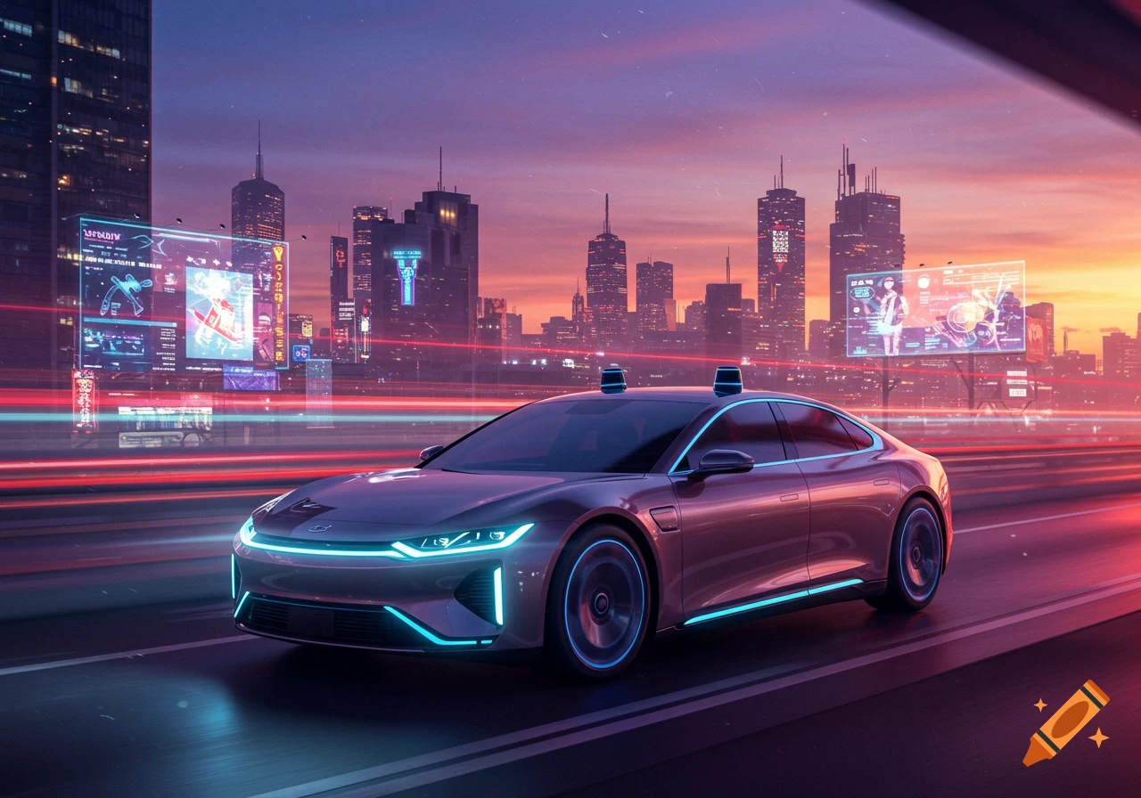 Sleek futuristic car with blue lights drives on a highway through a neon-lit cyberpunk city at sunset.