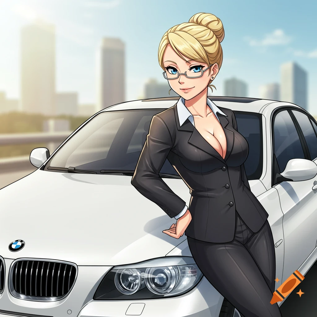 An anime woman with blonde hair, blue eyes, and glasses, in a business suit, leans on a white BMW car in a city.