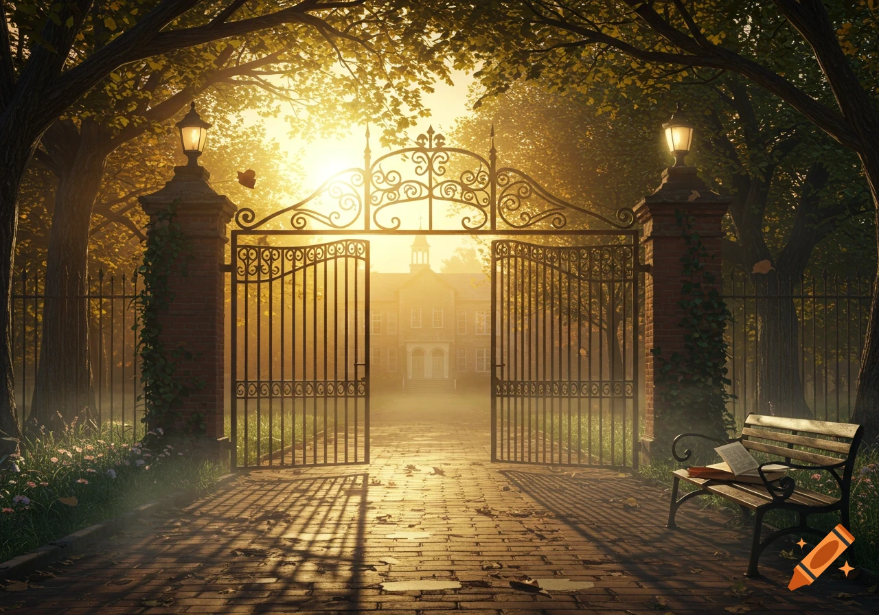 Ornate iron gate opens to a sun-drenched path leading to a grand school building, framed by leafy trees.