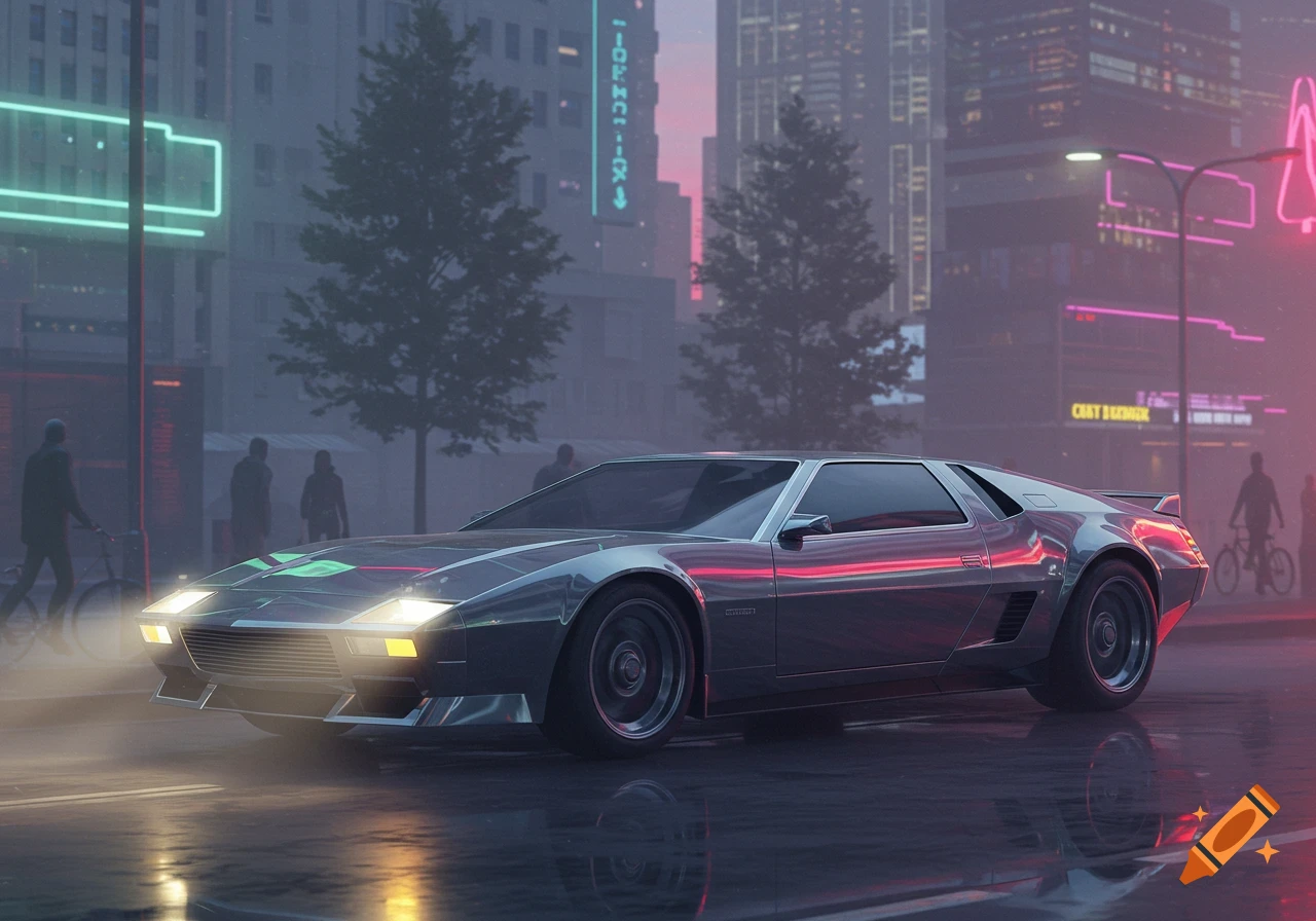 A futuristic metallic sports car drives on a wet city street at night, illuminated by neon lights reflecting on the pavement.