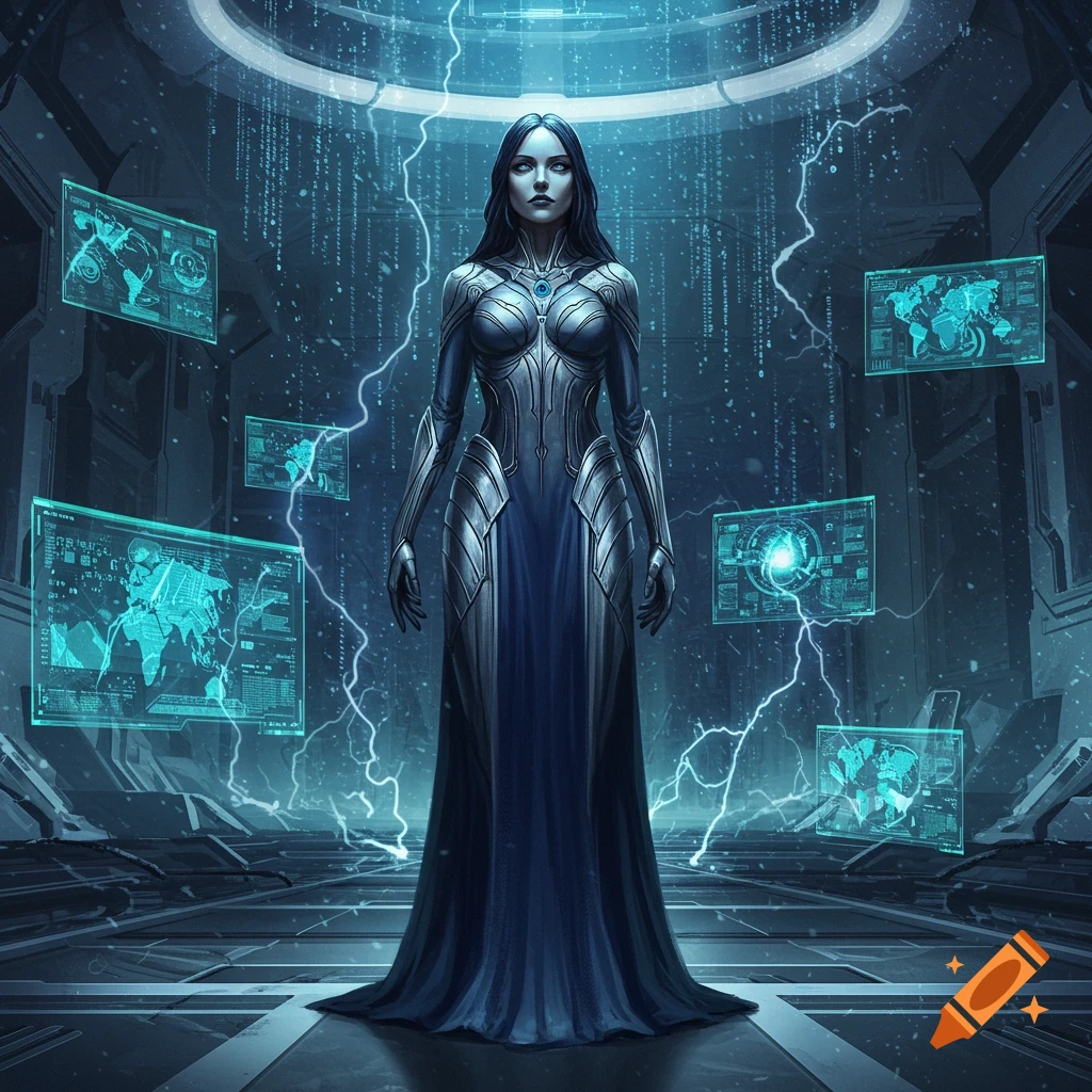 A woman in a futuristic armored gown stands amidst glowing holographic screens and electrical arcs in a sci-fi chamber.
