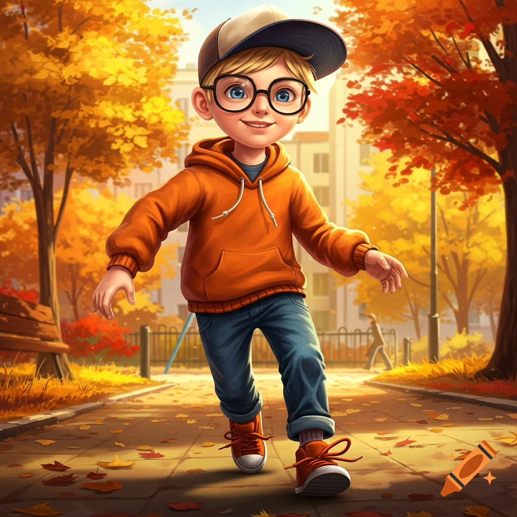 A smiling cartoon boy with blonde hair, glasses, an orange hoodie, jeans, and a baseball cap walks in an autumn park with fallen leaves.