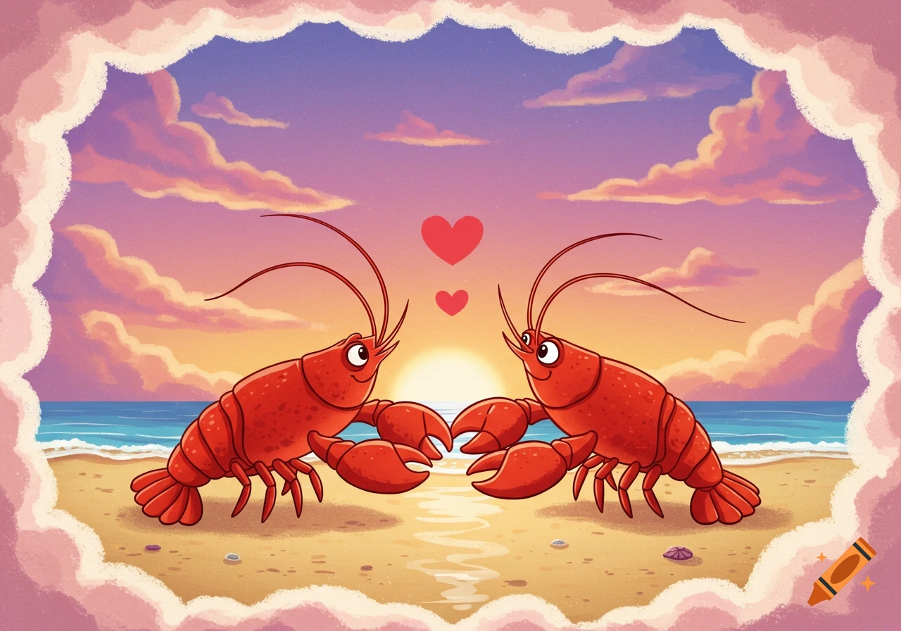 Whimsical cartoon of two red lobsters on a sandy beach at sunset, looking at each other with hearts.