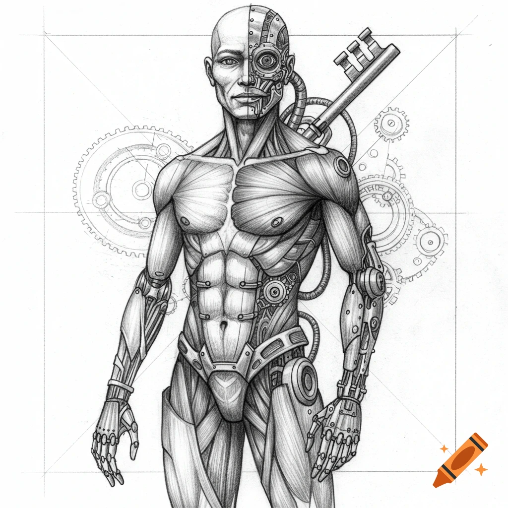 Detailed pencil drawing of a standing cyborg, half human muscle and half mechanical, with a key on its left shoulder and gears in the background.