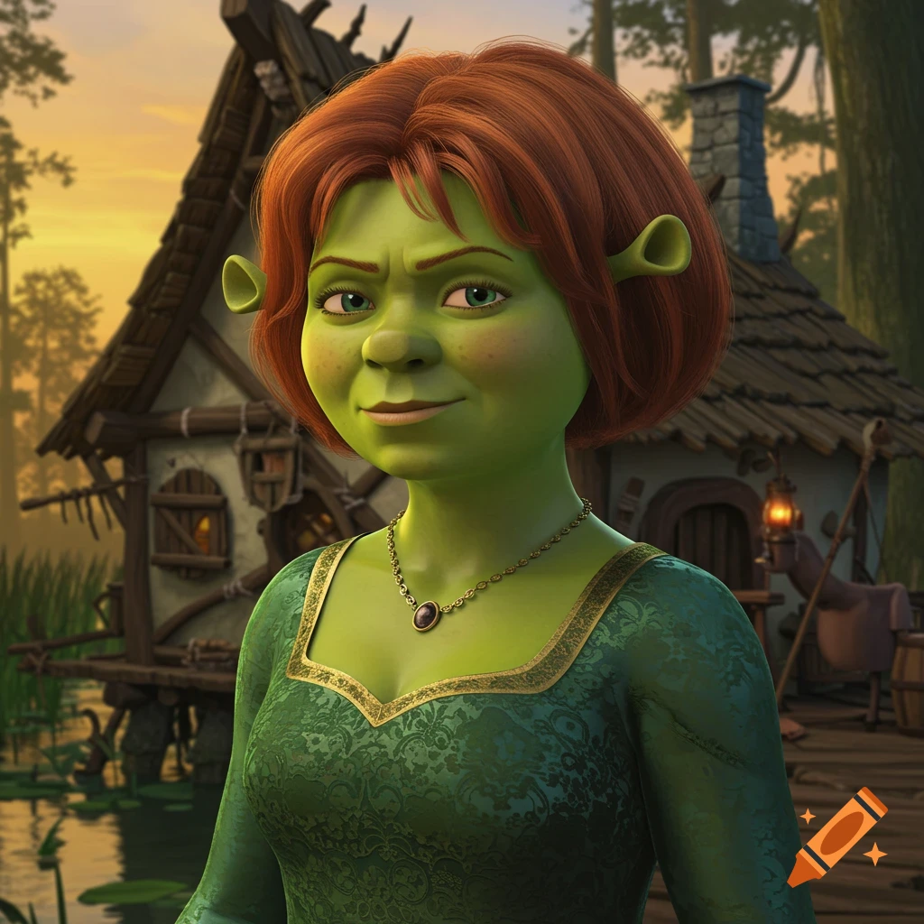Princess Fiona with a bob haircut, green skin, and a green dress, in a swamp setting at sunset.