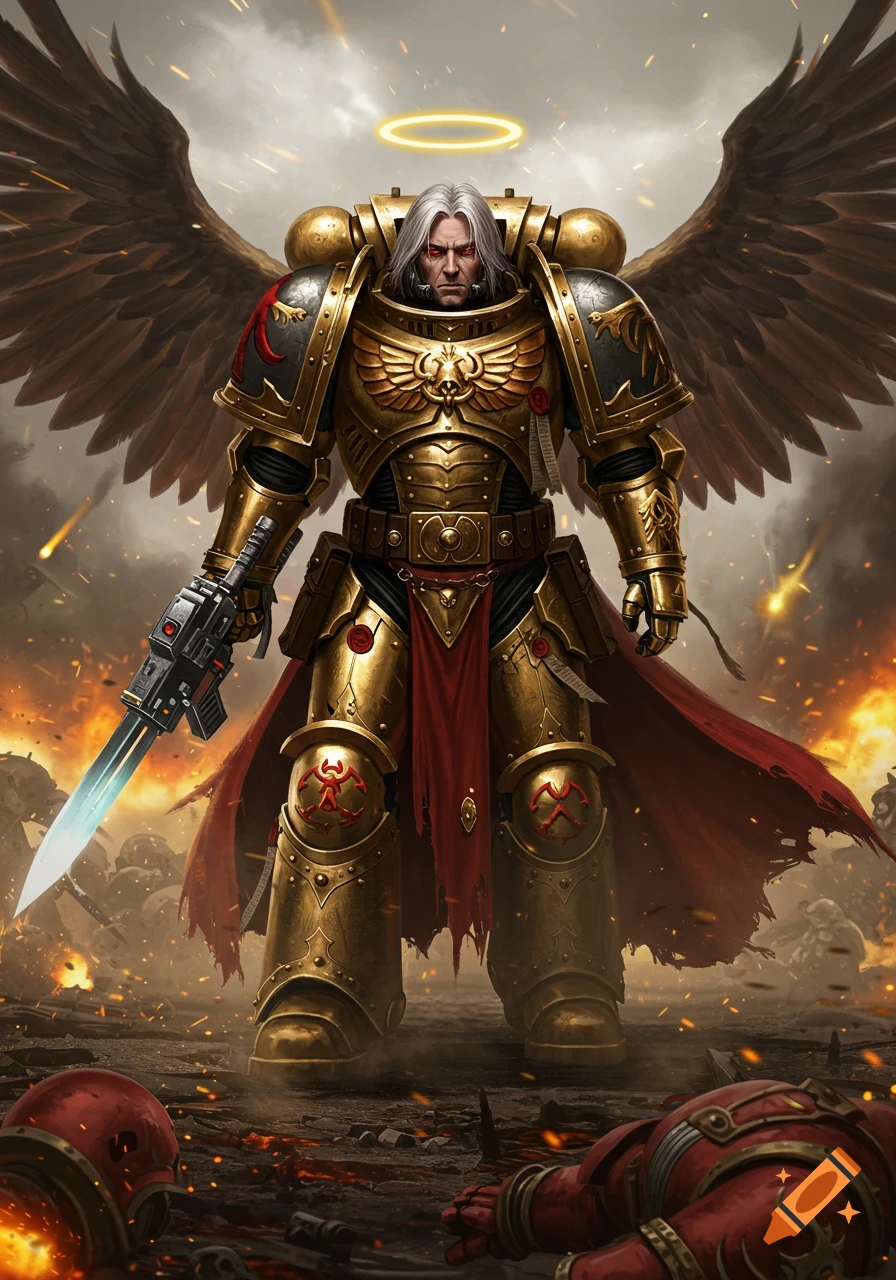 Dante, a winged Space Marine in golden power armor with a halo, stands on a fiery battlefield holding a glowing sword. Digital art.