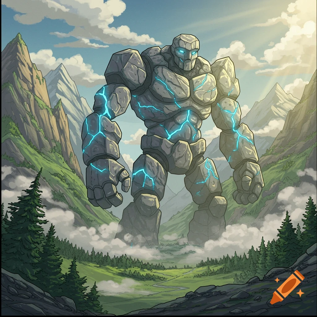 Giant stone golem with glowing blue cracks stands in a misty mountain valley, comic art style.