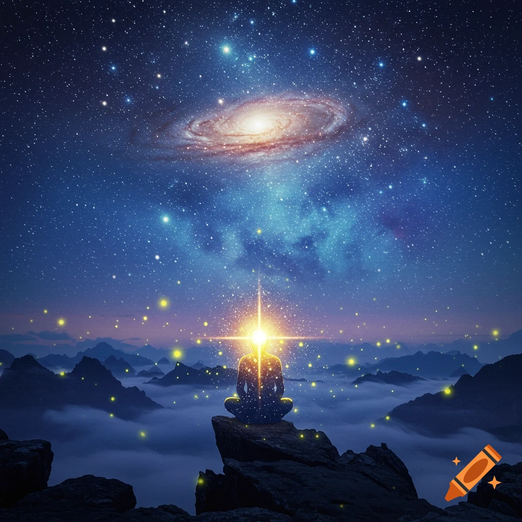 Silhouette meditating on a mountain peak under a vibrant starry night sky with a swirling galaxy overhead and glowing lights.