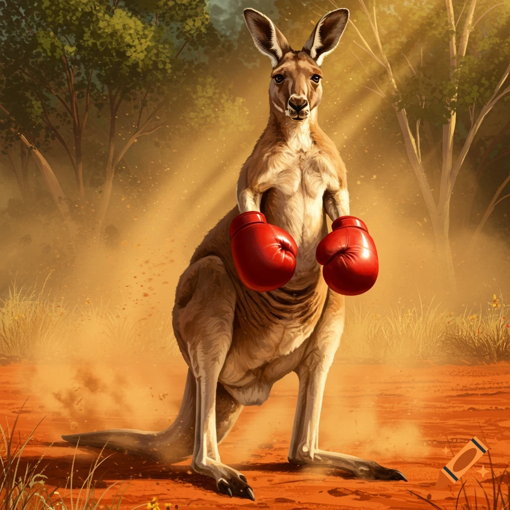 A determined kangaroo wearing red boxing gloves stands in a dusty Australian landscape with trees in the background.