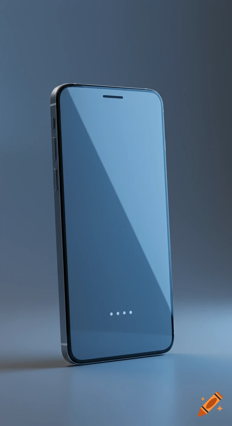 A sleek, modern smartphone stands upright against a dark blue background, its blank blue screen showing a diagonal shadow and four white dots.
