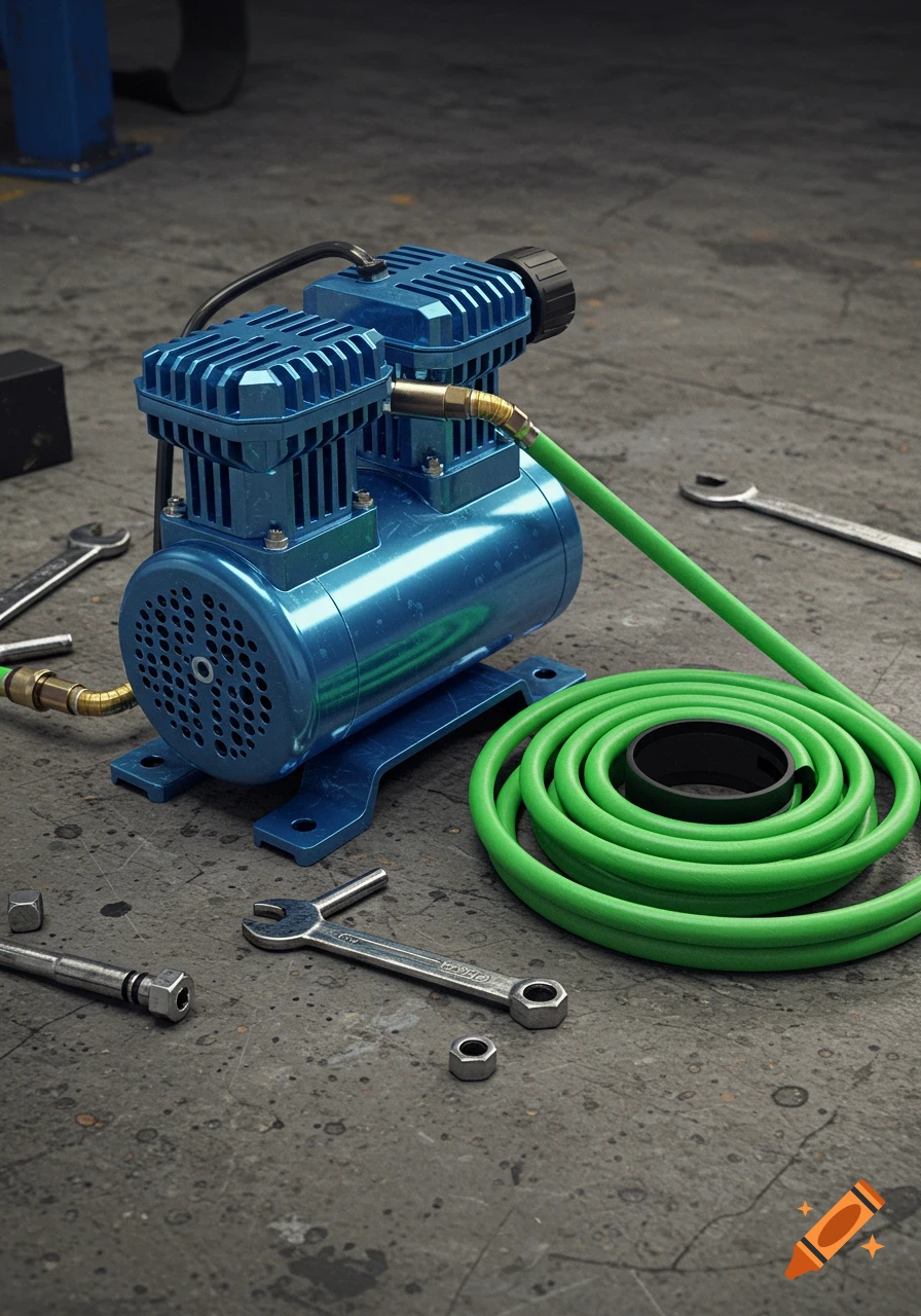 A blue air compressor with a coiled green hose on a concrete floor, surrounded by wrenches and nuts in a workshop.