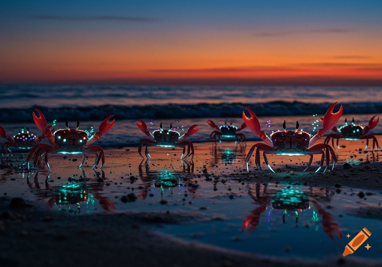 Glowing crabs on a wet beach with reflections during a vibrant sunset.