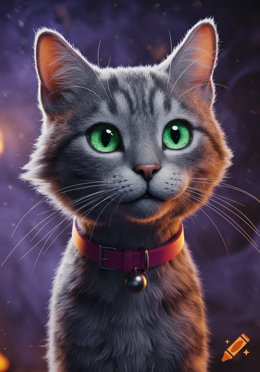 Hyper-realistic digital art portrait of a gray tabby cat with bright green eyes and a pink collar on a mystical purple background.