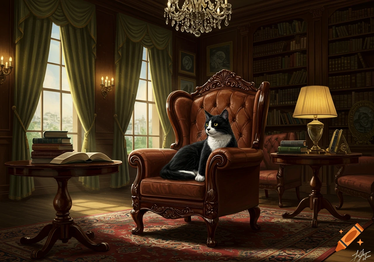 A black and white cat sits regally in a brown leather armchair in a lavish, wood-paneled library with large windows.