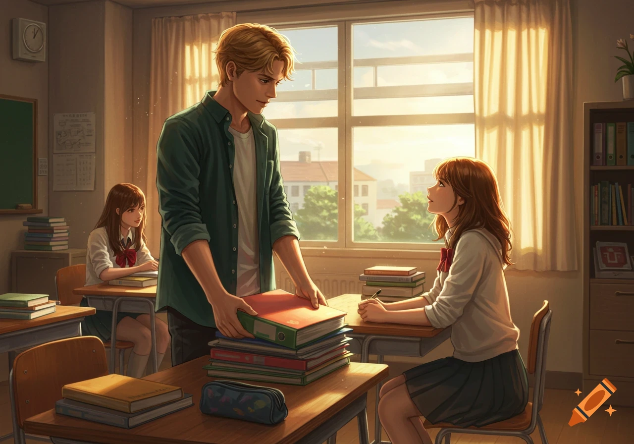 Anime style illustration of a blonde male student helping a brown-haired female student with a stack of binders in a sunlit classroom.