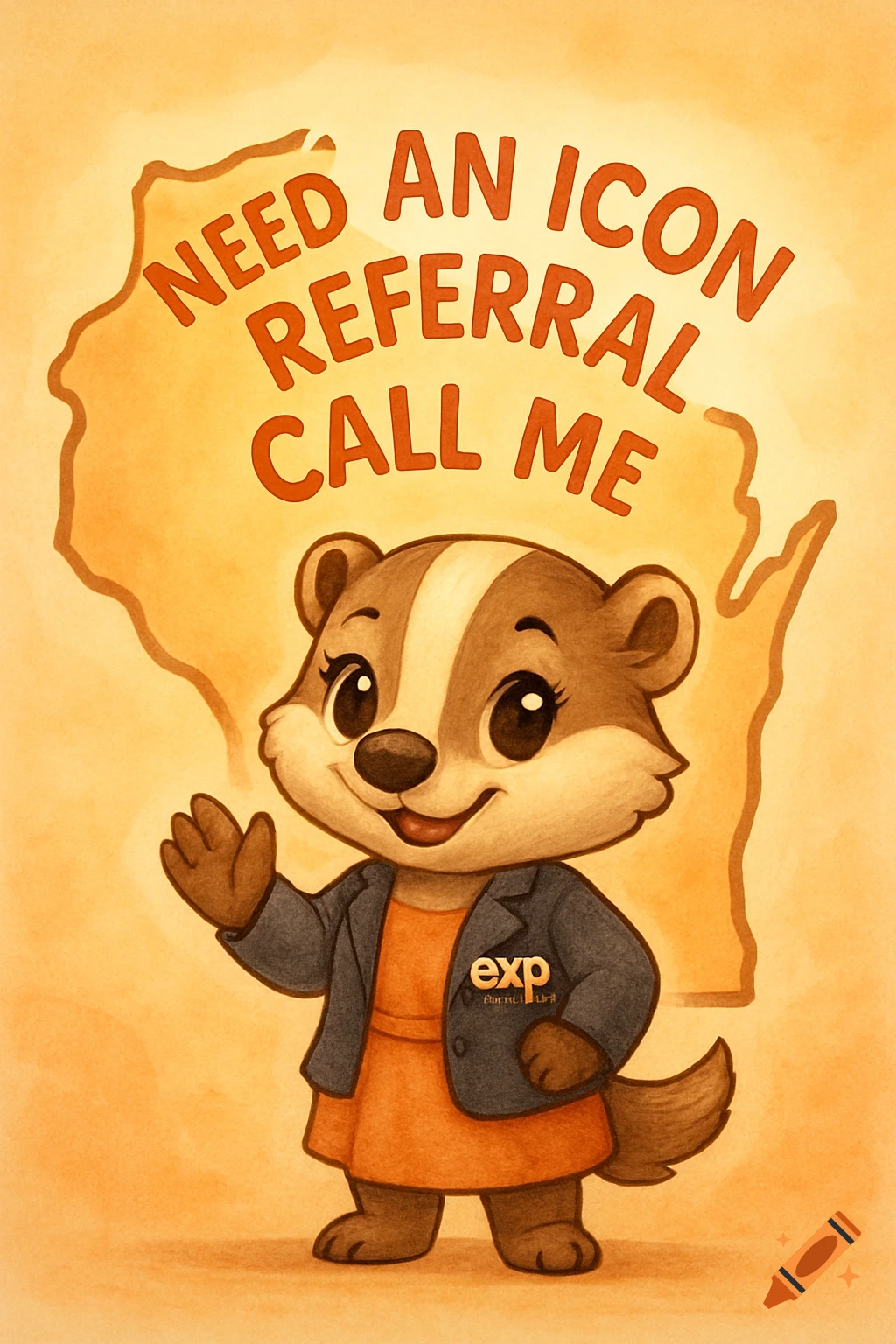 A cartoon badger in a business suit stands in front of a map of Wisconsin with the text "Need an ICON referral, call me" above.