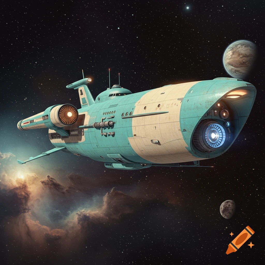A detailed retro blue and white spaceship with powerful engines flying through deep space with nebulae and planets.