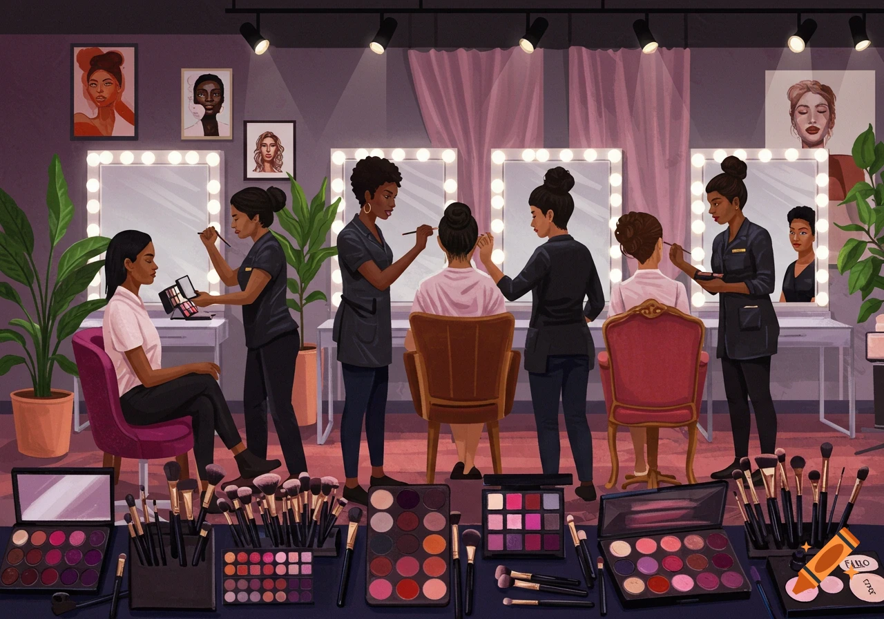 An illustration of a bustling makeup salon with several women, some as clients and others as artists, surrounded by vanity mirrors and makeup products.