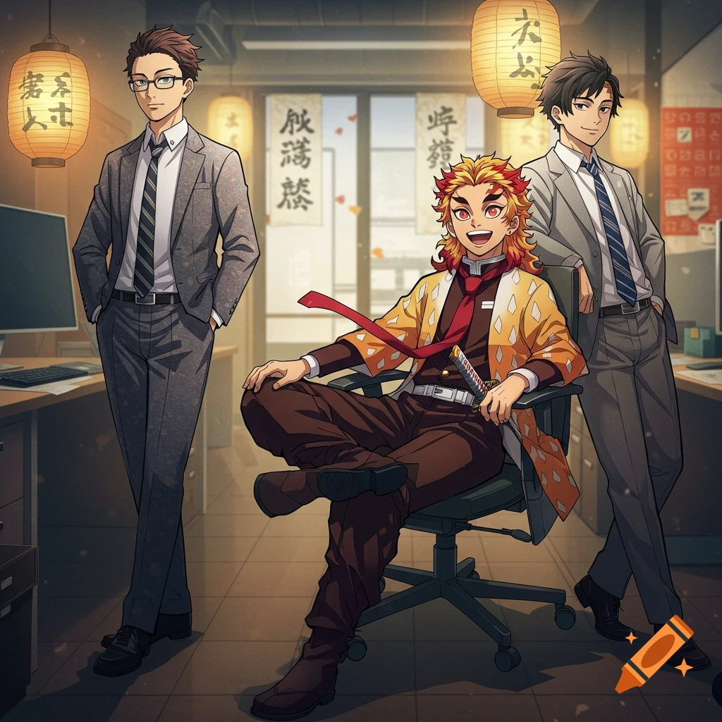 Anime illustration of three men in an office, one with fiery hair sitting in a chair, two others in suits standing.