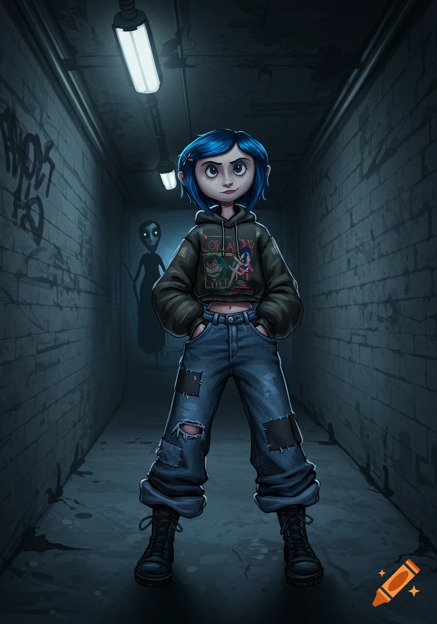 A stylized illustration of a blue-haired Coraline-like girl in a cropped hoodie and ripped jeans, standing in a dark, graffiti-covered alleyway with a shadowy figure behind her.