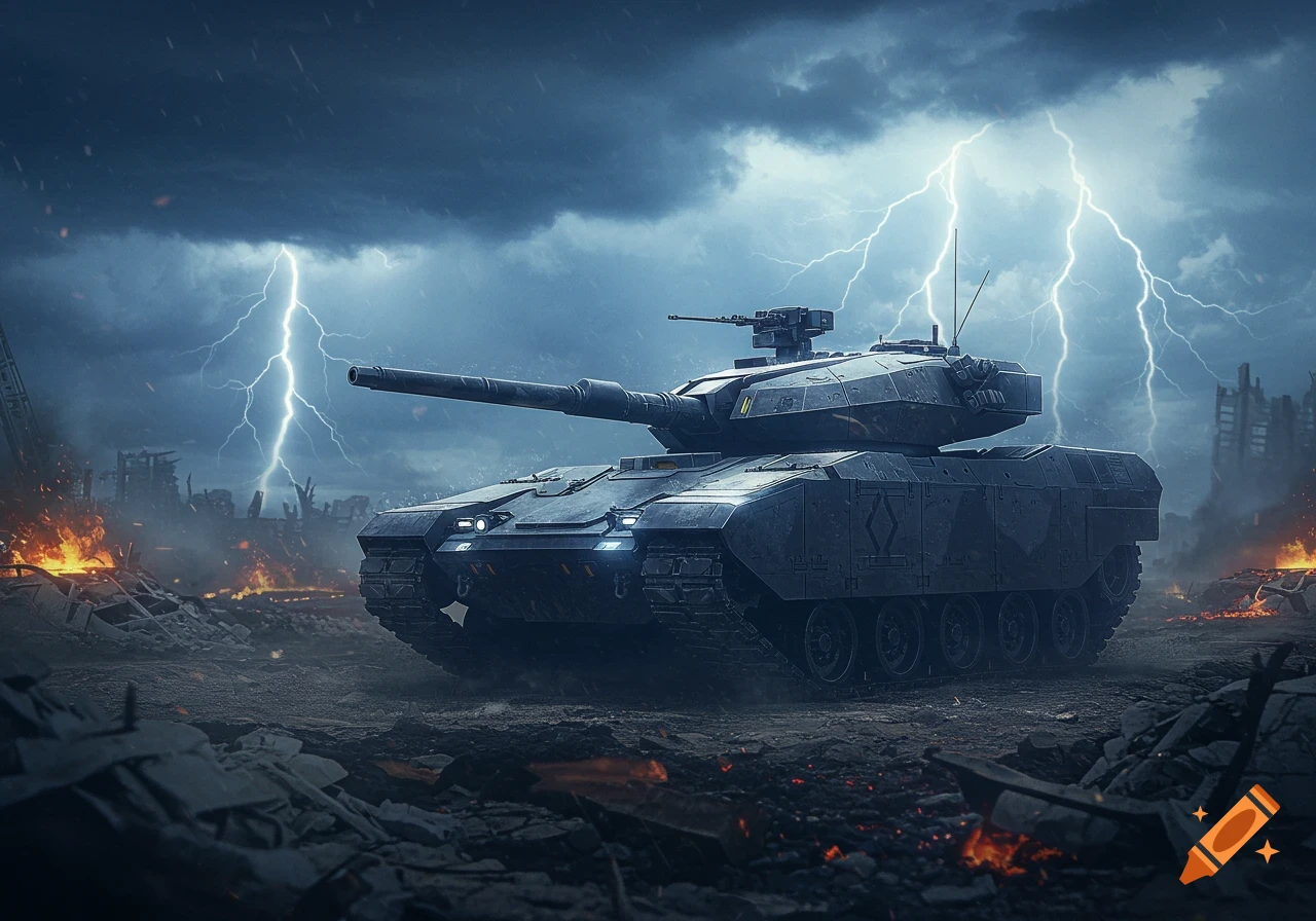 A futuristic armored tank on a battlefield with burning rubble under a stormy sky with lightning.