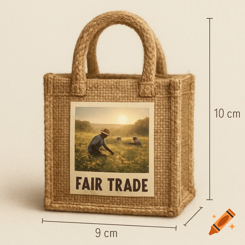 A small brown jute tote bag with a label depicting people working in a field at sunset and 'FAIR TRADE' text. Dimensions 10cm by 9cm are shown.